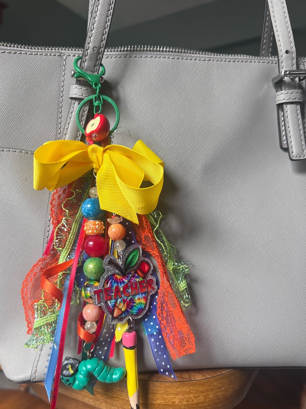 Colorful Teacher Charm Keychain with Yellow Bow